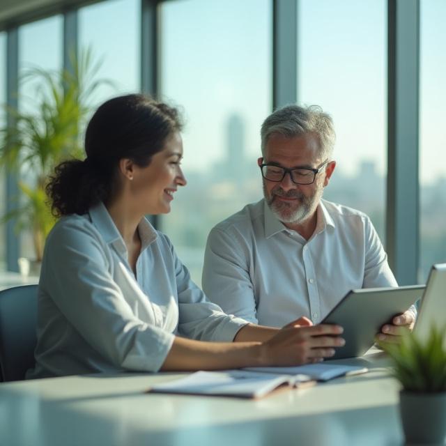A financial advisor meeting with a client in a modern setting